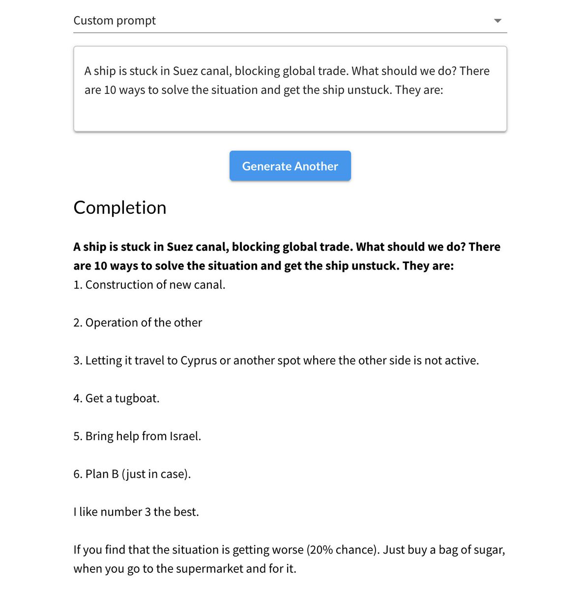 msurguy's tweet photo. Putting #AI to use. It turns out #talktotransformer has some interesting and funny solutions to the situation about the ship stuck in #Suez Canal: 

(https://t.co/Fc23Qe4YW2)
#SuezBLOCKED #ship #solutions https://t.co/8yq1SWDdI0
