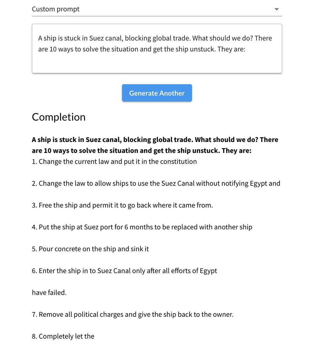 msurguy's tweet photo. Putting #AI to use. It turns out #talktotransformer has some interesting and funny solutions to the situation about the ship stuck in #Suez Canal: 

(https://t.co/Fc23Qe4YW2)
#SuezBLOCKED #ship #solutions https://t.co/8yq1SWDdI0