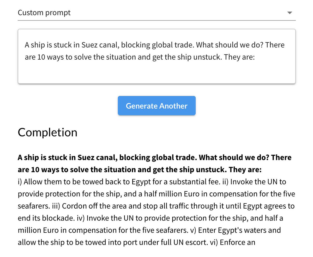 msurguy's tweet photo. Putting #AI to use. It turns out #talktotransformer has some interesting and funny solutions to the situation about the ship stuck in #Suez Canal: 

(https://t.co/Fc23Qe4YW2)
#SuezBLOCKED #ship #solutions https://t.co/8yq1SWDdI0