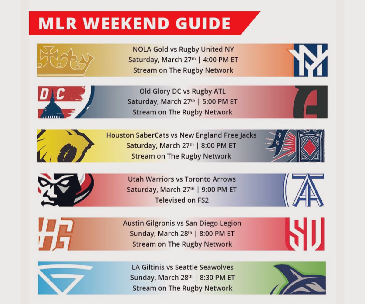major_rugby's tweet photo. Et voici le programme du week-end de la Major League Rugby avec en prime un match à 😱 ⚠️21h⚠️samedi heure française!!! Sur @therugbynetwork @nolagoldrugby avec @timguillimin1 le seul français de la @usmlr contre @rugbyunitedny https://t.co/7W83PqMehi