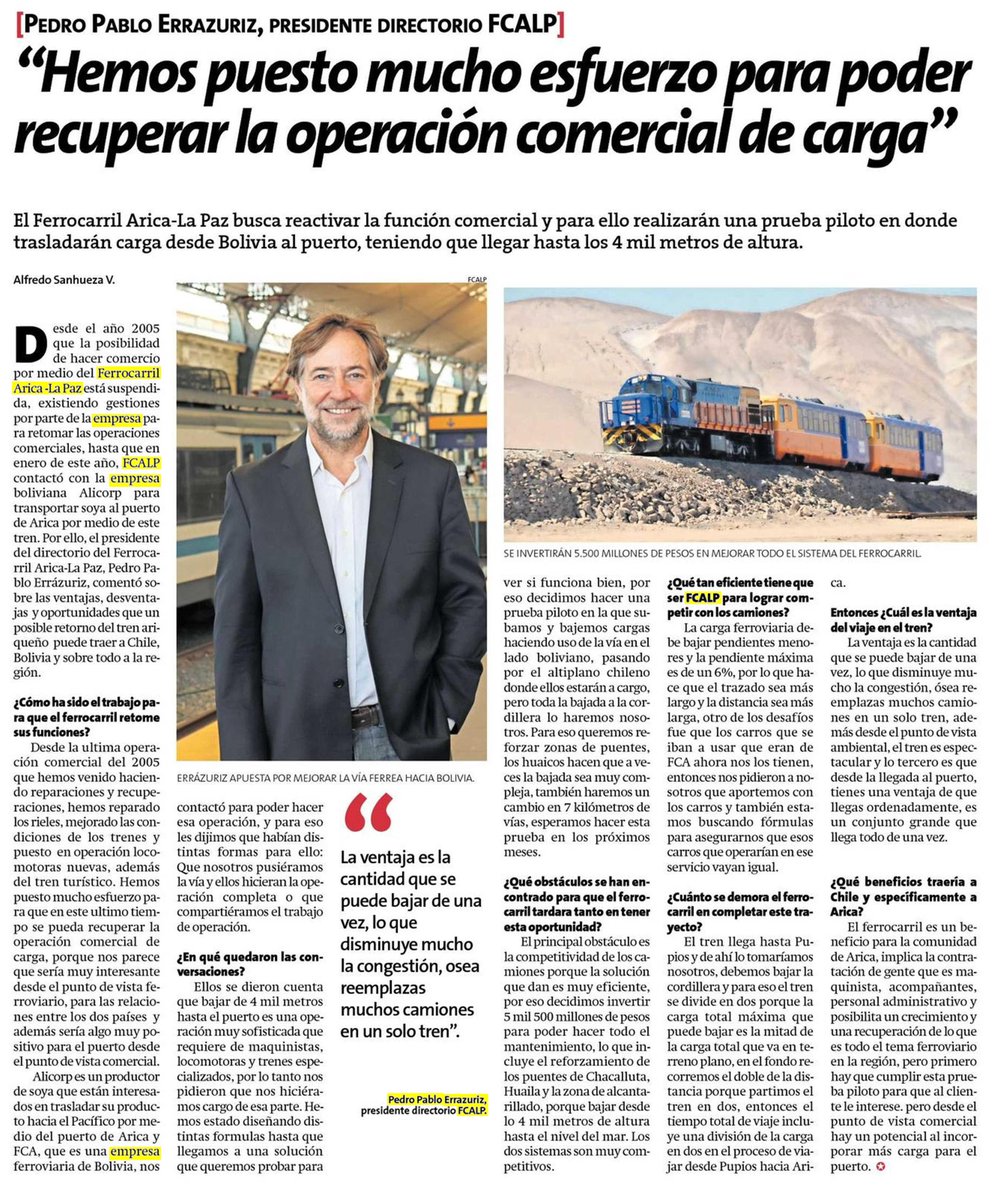 EFETrenesChile's tweet photo. Te invitamos a leer la siguiente nota de la @EstrelladeArica, donde nuestro Presidente, @Pedro_Errazuriz, profundiza en el plan de reactivar la carga comercial de nuestra filial @FcalpChile, destacando que se realizará una prueba piloto de traslado entre Bolivia y Arica. #FCALP https://t.co/dJJ8BS9DGu