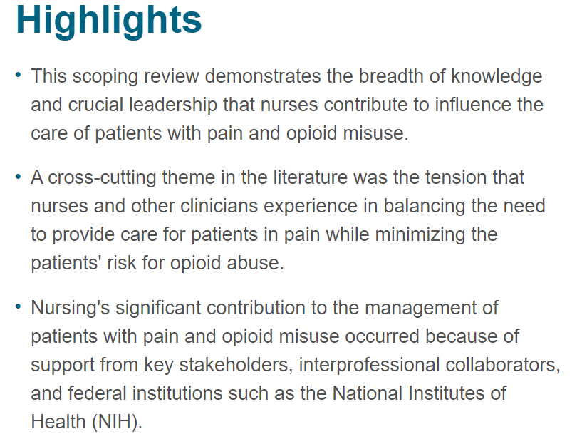 A Scoping Review of #Nursing's Contribution to the Management of #Patients with #Pain and #Opioid Misuse doi.org/10.1016/j.pmn.… #opioids #safeprescribing #opioidaddiction #ScopingReview #nursetwitter #RN_Community #nurselife #nursingnow #nursingissues #pain #painmanagement #RN