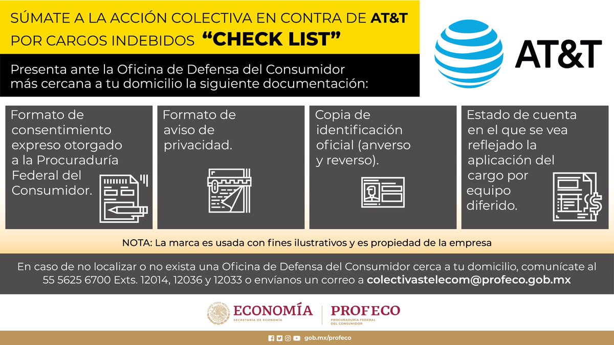 Profeco's tweet photo. 🔴#Boletín | Comunica Profeco inicio de acción colectiva en contra de AT&amp;T.

📱El motivo de la demanda es un cobro indebido por concepto de “Cargo por equipo diferido”.

https://t.co/Wpi6fwXUIo https://t.co/owe2k6c8Lg