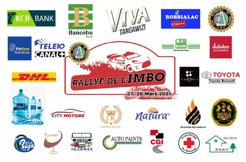 BurundiRally's tweet photo. A un jour de la 1ère compétition automobile de l'année 2021,voici les partenaires/sponsors du Rallye de l'Imbo de ce 27-28/03:
@KCBBurundi @bancobu @brarudi_sa avec #VivaTangawizi, #ROBBIALAC @AFinbank @CRDBbankBurundi @JubileeInsBdi @Black_White_Evt
@tele10bdi
#Burundi 1/2 https://t.co/LkubEX5NSZ