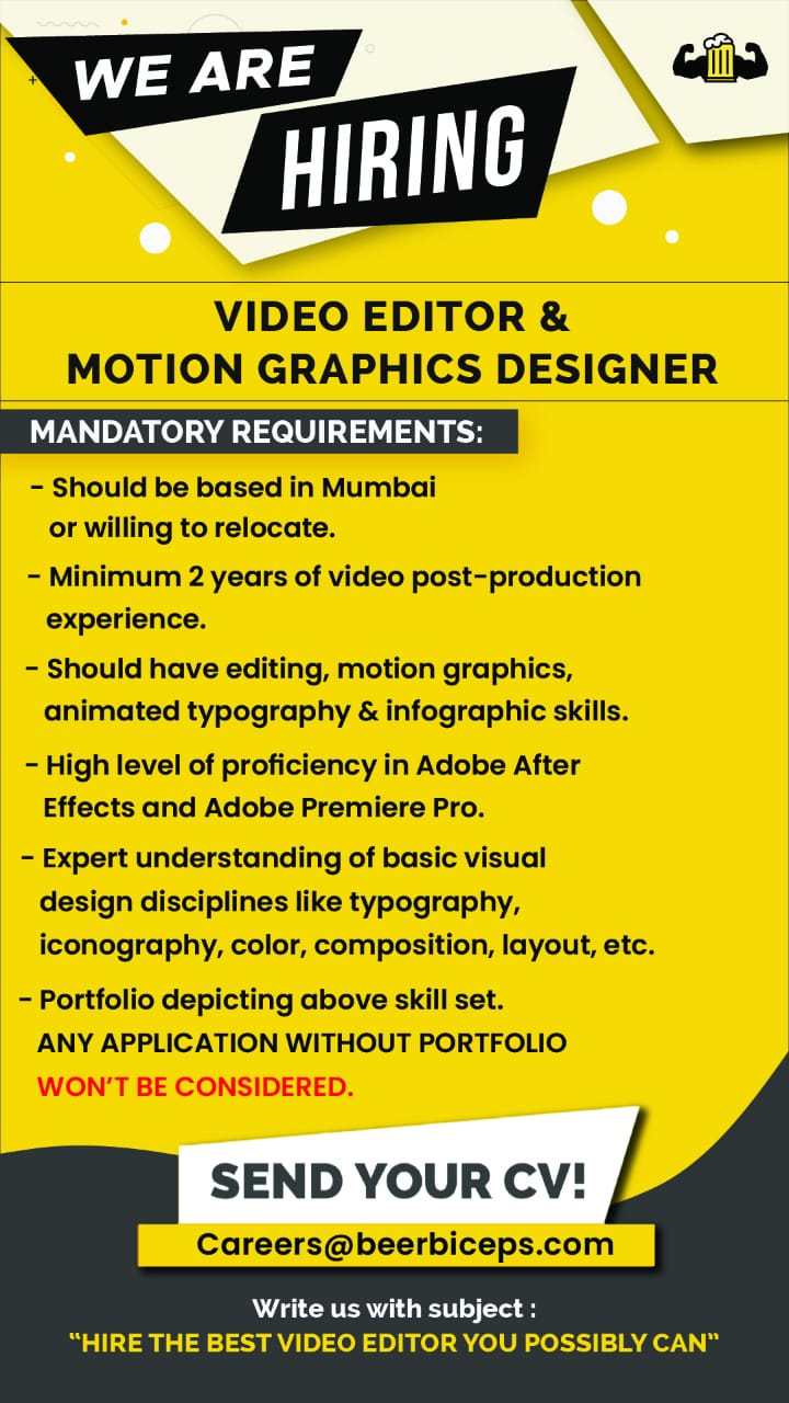 Ranveer Allahbadia on X: Hey guys! We are looking for an experienced Video  Editor for BigBrainco. - Subsidiary of BeerBiceps. The candidate should: -  Be based in Mumbai or willing to relocate. 