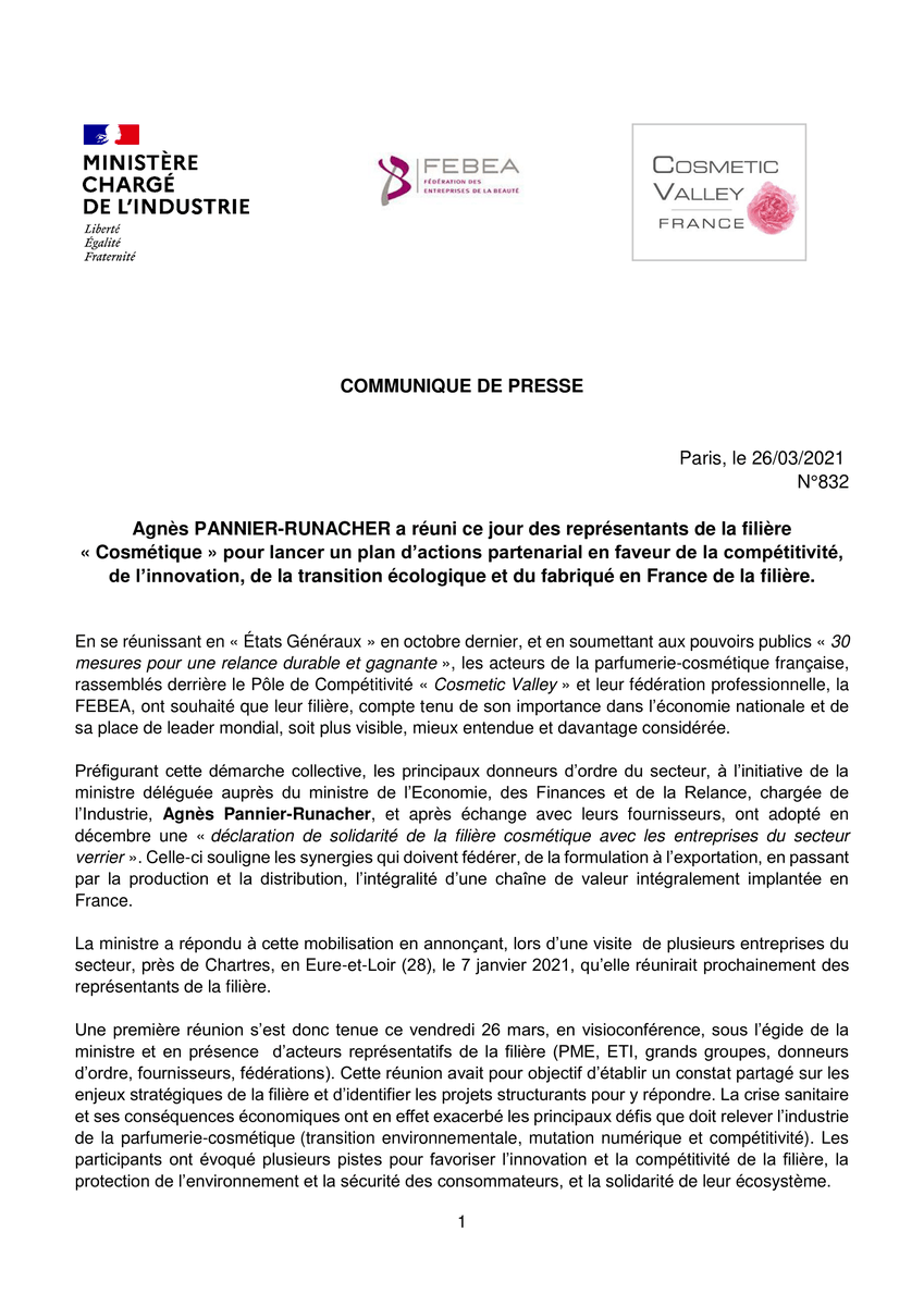 FEBEA_FR's tweet photo. .@AgnesRunacher a réuni pour la première fois le Comité de la filière cosmétique, coordonné par la FEBEA et la @CosmeticValley. 

Une reconnaissance attendue de l’importance stratégique de la #cosmétique et de toutes ses TPE, PME, ETI et grands groupes !
1/3 https://t.co/pareK5WfZh
