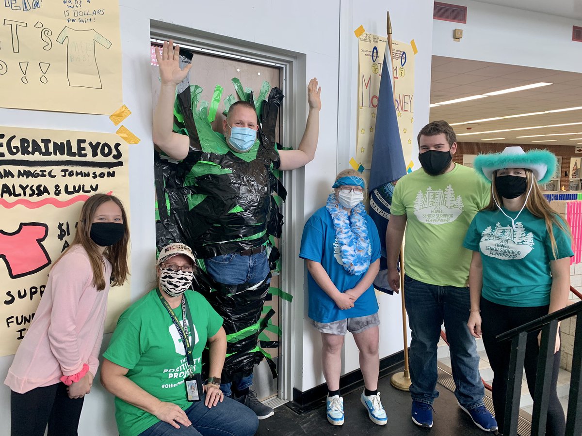 KelliFallsChoir's tweet photo. Mr.Zajas and Mrs. Poelke duct taped to the wall.  7th grade Middle Survivors raised $307.  And 7th grade Middle Survivors raised $178!!!!  Well done Middle Survivors!!! https://t.co/DVxbqVTI1s