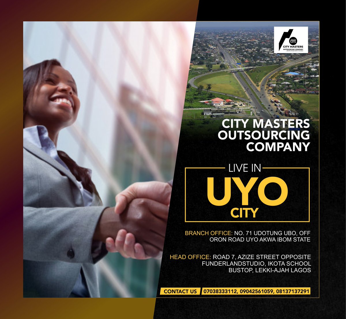 CityMastersCon2's tweet photo. Its been Four (4) years of providing Jobs for Hundreds of Applicants in Lagos State Nigerian.

We bring to you GOODNEWS.

CITY MASTERS OUTSOURCING COMPANY IS LIVE IN UYO CITY, AKWA-IBOM STATE.

Check flier for Contact and Address on how to locate us. https://t.co/lMLtZ6YITZ