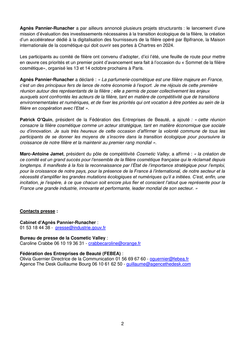 .<a href="/AgnesRunacher/">Agnès Pannier-Runacher 🇫🇷🇪🇺</a> a réuni pour la première fois le Comité de la filière cosmétique, coordonné par la FEBEA et la <a href="/CosmeticValley/">Cosmetic Valley</a>. 

Une reconnaissance attendue de l’importance stratégique de la #cosmétique et de toutes ses TPE, PME, ETI et grands groupes !
1/3