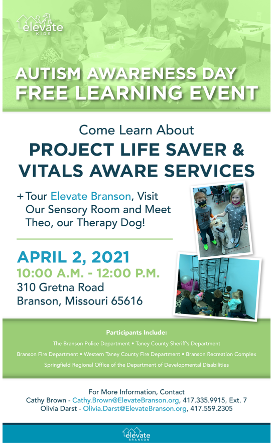 ElevateBranson's tweet photo. Mark your calendars for this FREE Public Event on April 2 @ 10:00 A.M. - 12:00 P.M.!  Join us for Autism Awareness Day with Special Guests and tour our campus at 310 Gretna, visit with Theo the Therapy Dog, and see our Elevate Kids' Sensory Room!! https://t.co/M04jTgysiB