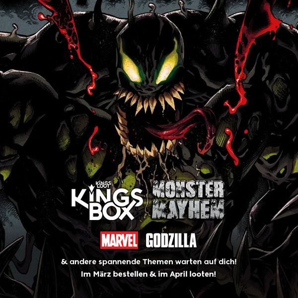 KingsLootDE's tweet photo. In der neuen @KingsLootDE #KingsBox erwarten dich monstermäßige Items u.a. zu #MARVEL & #GODZILLA!
Auf was wartest du? Hol dir JETZT die neue Box zum Thema #MonsterMayhem!
Im MÄRZ bestellen & im APRIL looten!
➡️ NUR auf https://t.co/gn7vGMaUTU
#KingsLoot #monster #venom #kaiju https://t.co/J7WfoGy6iU