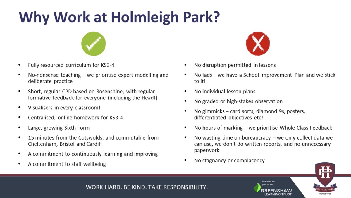 HolmleighParkHS's tweet photo. 📢 HP jobs thread! We've got some great roles for next year! All after promotion within @GreenshawTrust
✅ Assistant Head - T&amp;L
✅ Assistant Head - Raising Standards
✅ Director of English
✅ Teacher / Lead Prac of Science
Plus closing next week
✅ Teacher of Girls PE (maternity) https://t.co/GJ3RONG2Jb