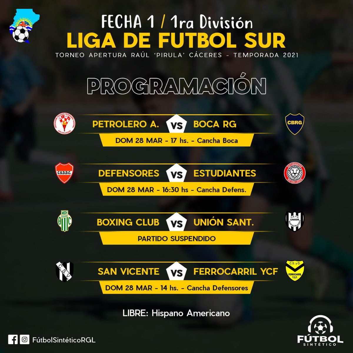 _UnaPasion_'s tweet photo. 🏆 #LigaFutbolSur #FutbolFederado
◾️TORNEO RAÚL “PIRULA” CÁCERES: PROGRAMACIÓN DE LOS PARTIDOS DE LA PRIMERA FECHA.
-
📝 La Liga de Fútbol Sur dio a conocer la programación del fútbol federado para este fin de semana. Habrá acciones en las canchas de Boca, Boxing y Defensores. https://t.co/Y73A7re6YH