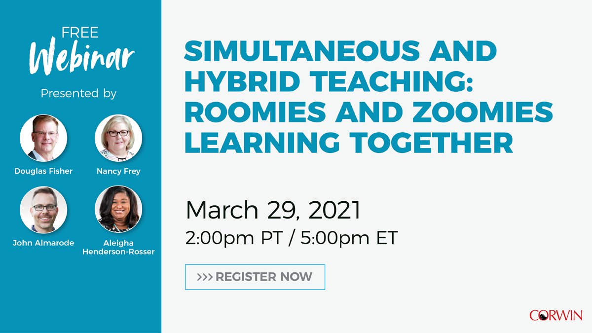 NikitinaElena's tweet photo. Join @CorwinPress next week for this #webinar as expert authors dive into #hybridteaching and #simultaneouslearning.
@DFISHERSDSU @NancyFrey @jtalmarode
Reserve your spot: https://t.co/z0NIr0uICj https://t.co/NaeSpW6JQ4