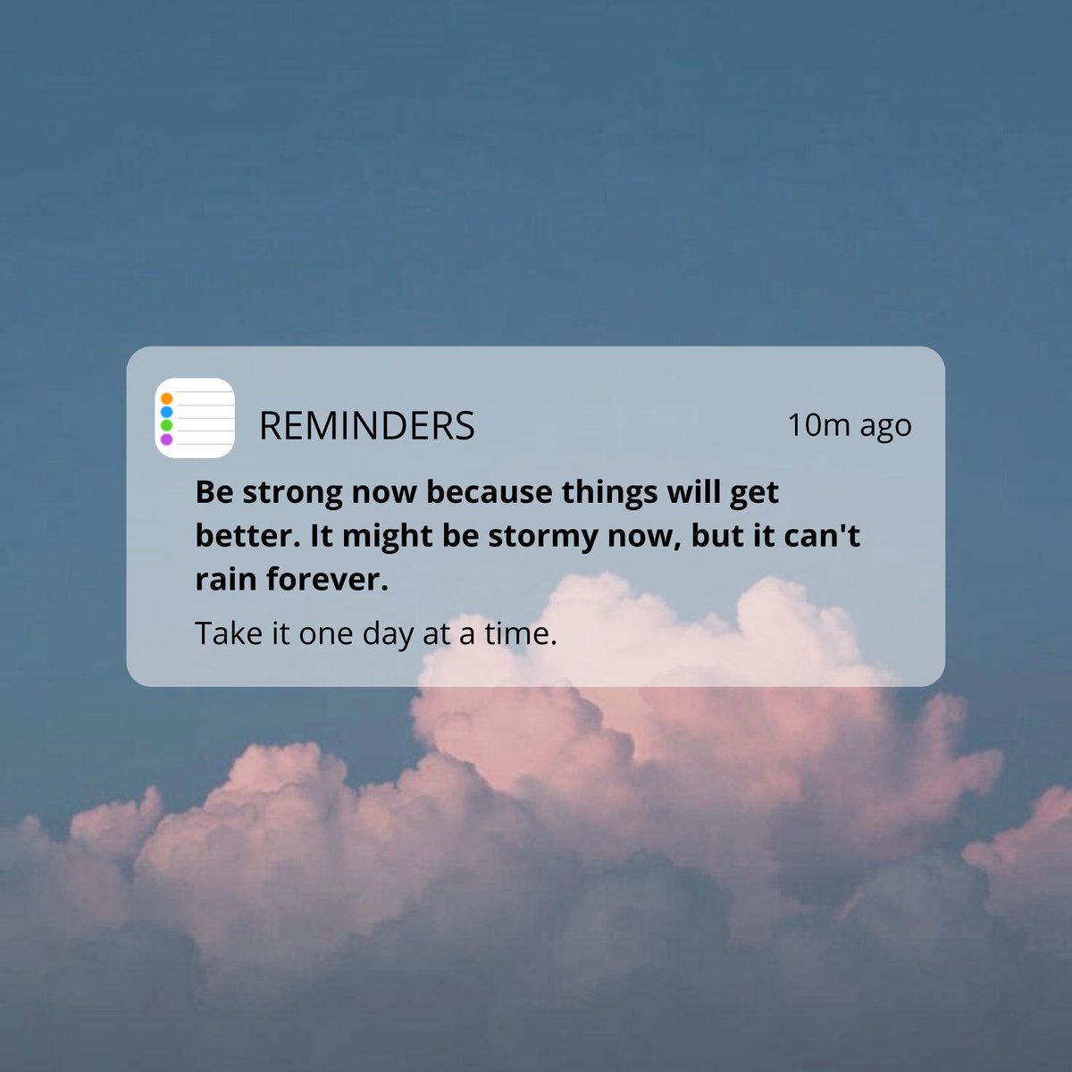 untclarkhall's tweet photo. Here is a positive quote for this fantastic Friday!

Photo description: Pink clouds over a blue sky with a reminder text box that reads, “Be strong now because things will get better. It might be stormy now, but it can’t rain forever. Take it one day at a time.” https://t.co/4D4I9w1EMm