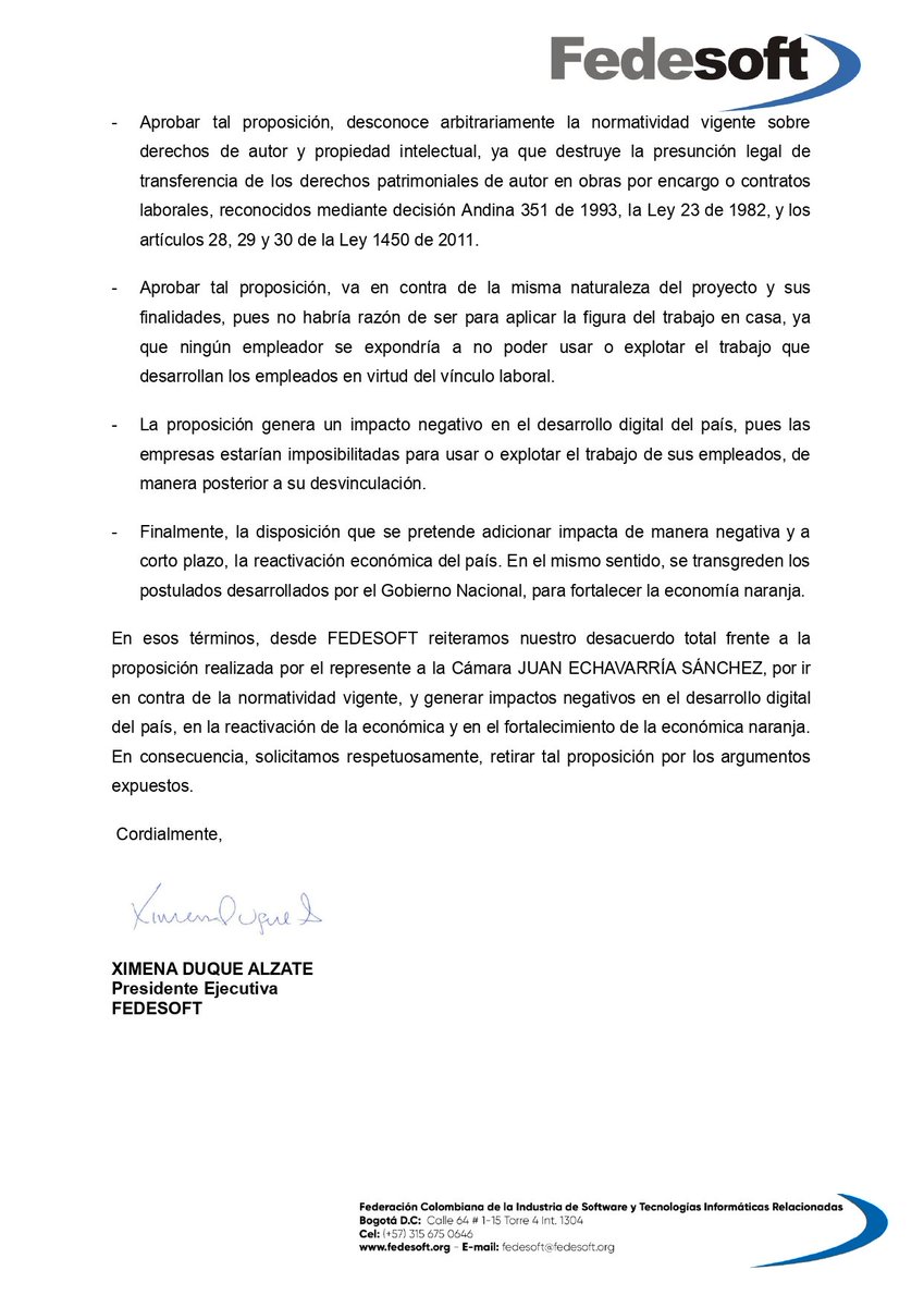 FedesoftCol's tweet photo. Desde el gremio de las empresas de tecnología de Colombia, enviamos una carta dirigida al @PartidoLiberal manifestando estar en oposición frente a laproposición planteada considerando cuatro (4) argumentos clave.

Ver documento anexo. 

#LaClaveEsElSoftwareColombiano 🇨🇴 https://t.co/kujVlk5KZy