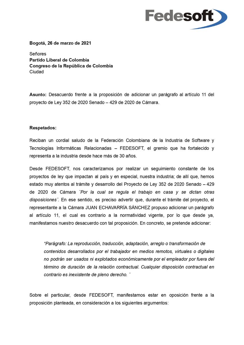 FedesoftCol's tweet photo. Desde el gremio de las empresas de tecnología de Colombia, enviamos una carta dirigida al @PartidoLiberal manifestando estar en oposición frente a laproposición planteada considerando cuatro (4) argumentos clave.

Ver documento anexo. 

#LaClaveEsElSoftwareColombiano 🇨🇴 https://t.co/kujVlk5KZy
