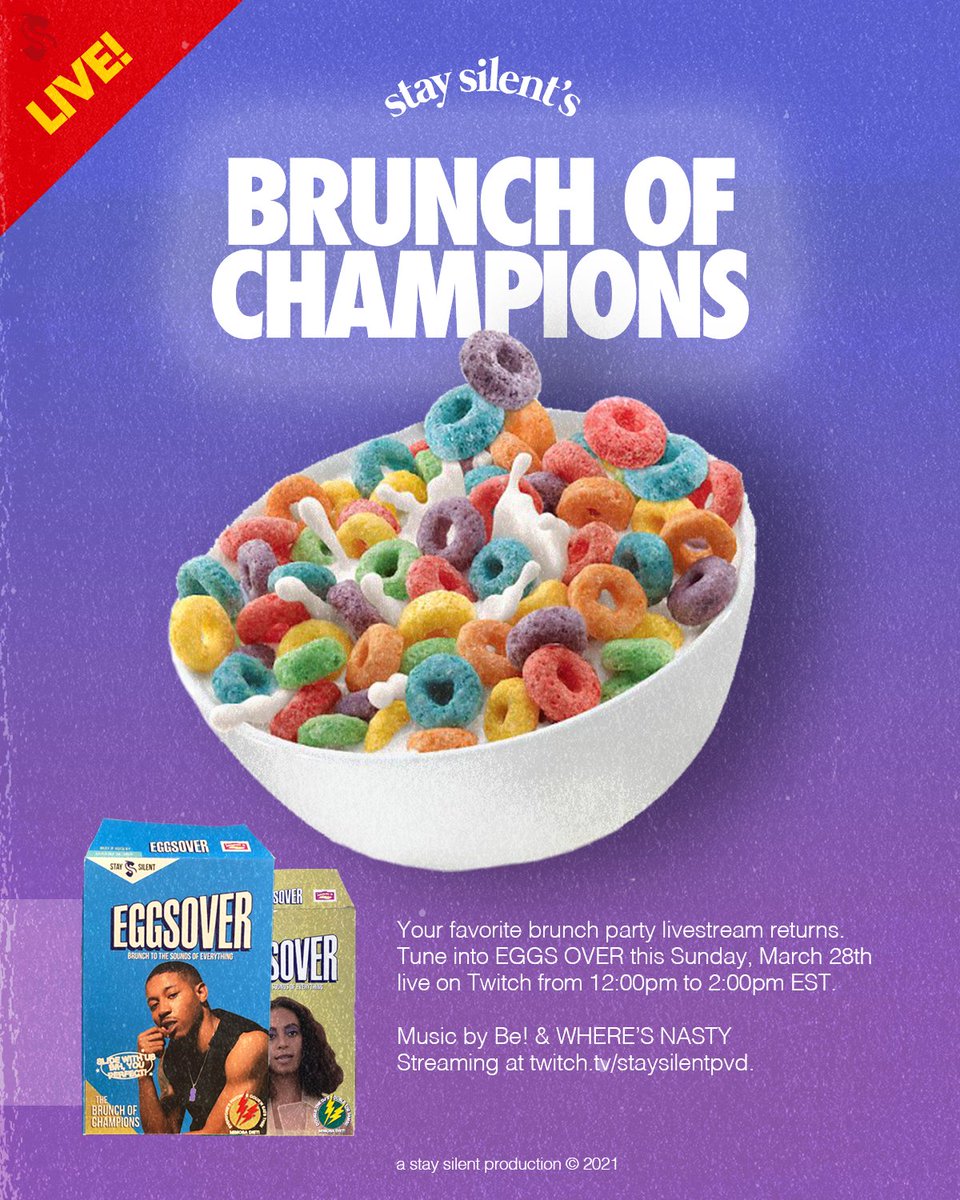 The EGGS OVER Livestream returns this Sunday 03/28 live at Twitch.tv/staysilentpvd. Tune in from 12pm-2pm EST for live DJ sets by <a href="/wheresnasty/">Jay*</a> &amp; <a href="/___bryant/">Be!</a>.

For a reminder when we go live + to subscribe for more, text "hi" to +1(401)-399-3729.