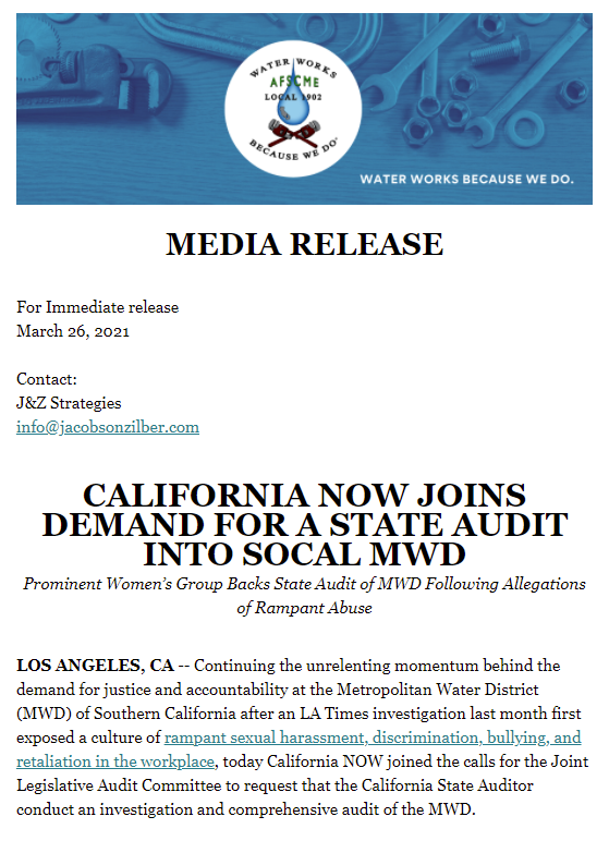 AFSCME1902's tweet photo. We're grateful to have @CaliforniaNOW on the side of justice, fighting for a comprehensive state audit of MWD. Enough is enough. The workers and survivors of MWD deserve transparency and accountability. https://t.co/zEsKw2Ps80