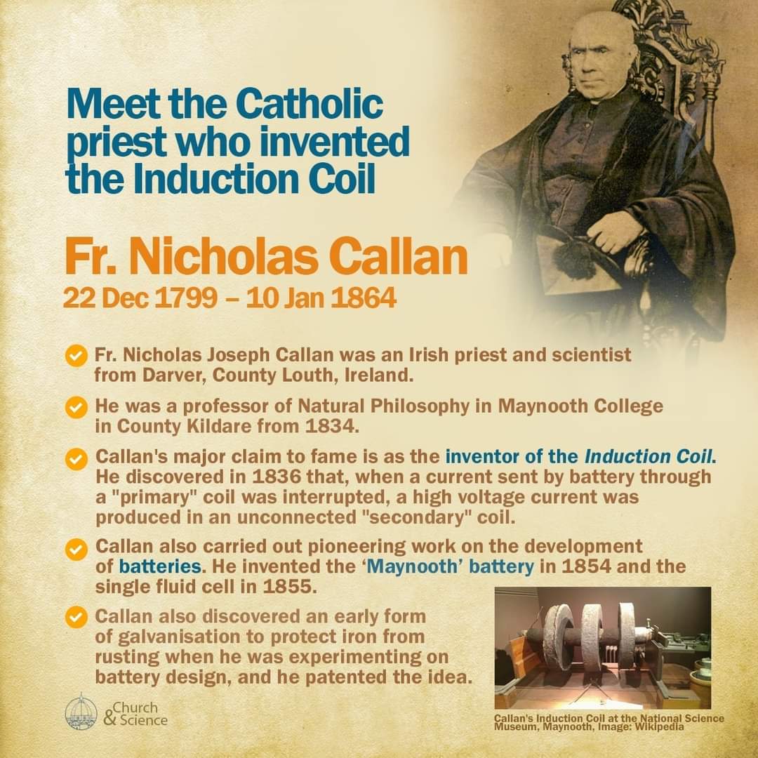 ChurchNScience's tweet photo. Meet the Catholic priest who invented the Induction Coil and also pioneered the work on the development of Battery - 
Fr. Nicholas Joseph Callan

#ChurchAndScience #InductionCoil #Science #ScienceGrewInChristianity #Battery #Faith #Reason https://t.co/bPw7Io7hcx