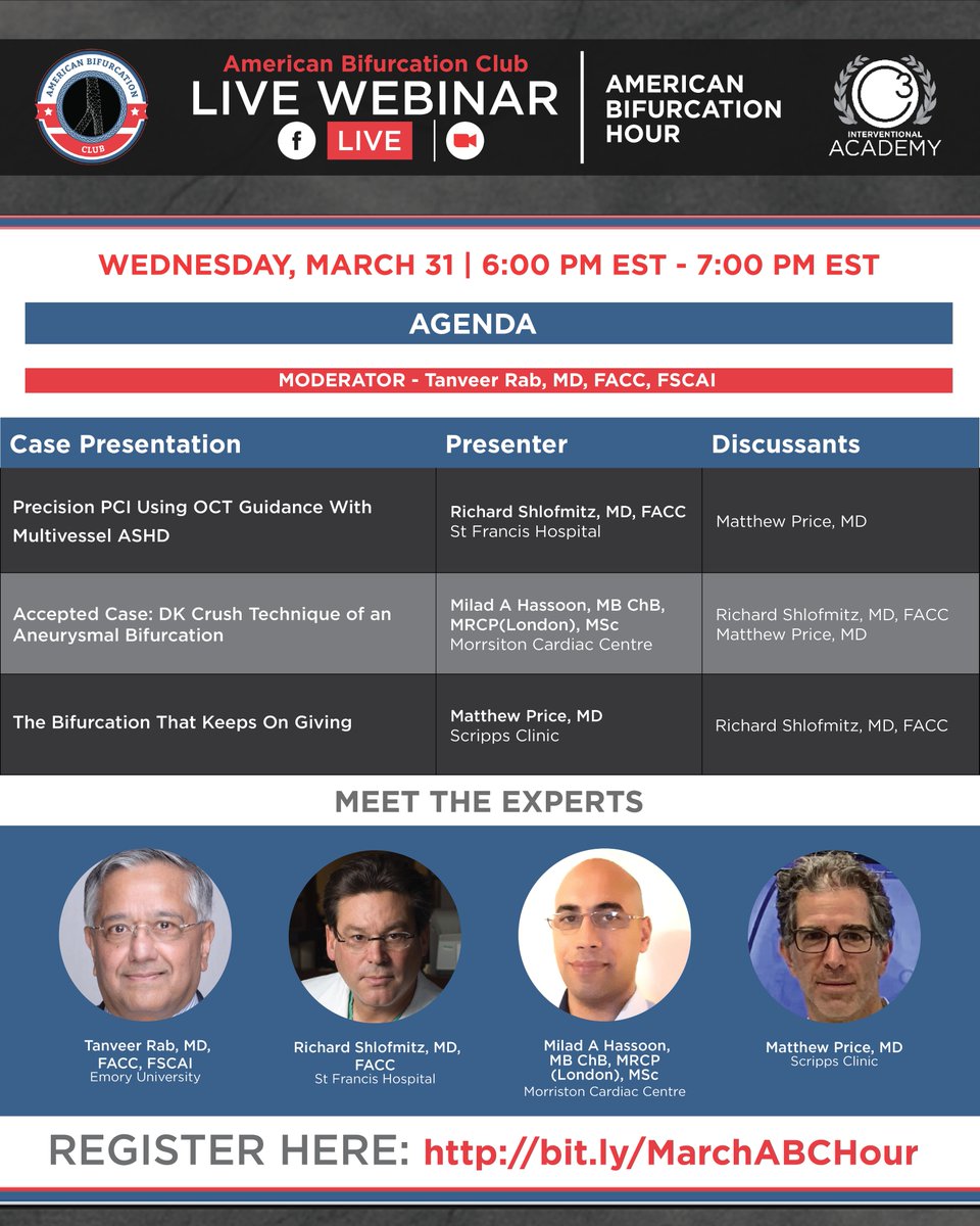 Join Bifurcation Hour for three exciting bifurcation case presentations, featuring Matthew Price, MD, Richard Shlofmitz, MD, FACC and accepted case presenter Milad Hassoon, MB ChB, MRCP, MSc.

Register here: bit.ly/MarchABCHour