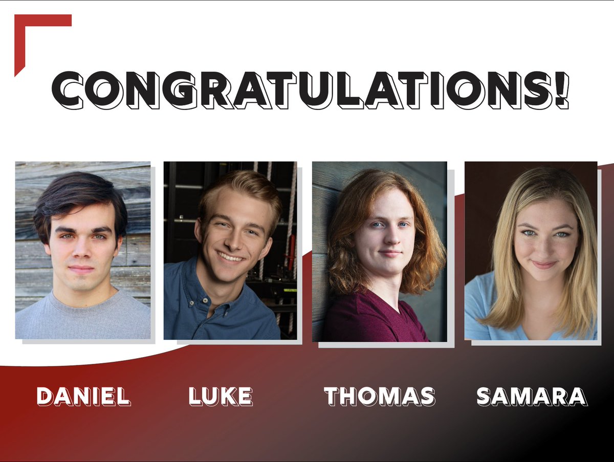 Congratulations to our musical theatre students who competed in the NATS Texoma Musical Theatre Competition.  These four students are moving on to the national competition.
 
1st Place Daniel DiPinto
2nd Place Luke Weber 
3rd Place Thomas Schnaible
5th Place Samara Shavrick