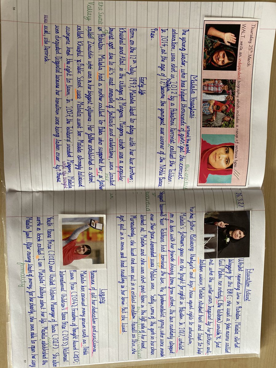 MissGJackson1's tweet photo. This week, Year 6 have been writing biographies about Malala. The children have absolutely loved learning about such an inspirational woman and were so keen to include all of the reading that they have done in a piece of independent writing! Here are a sample: https://t.co/2HPiJyvI8H