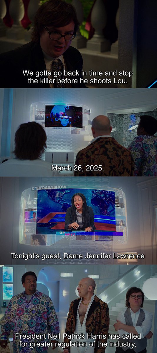 CineCalendar's tweet photo. Mar 26th 2025 - After attempting to go back in time to stop Lou's murder, Lou, Nick and Adam arrive in the future by mistake. President @ActuallyNPH demands tight regulation on self driving cars, after 2 of them got in a road rage incident #HotTubTimeMachine2 https://t.co/m5K6n72Mb8