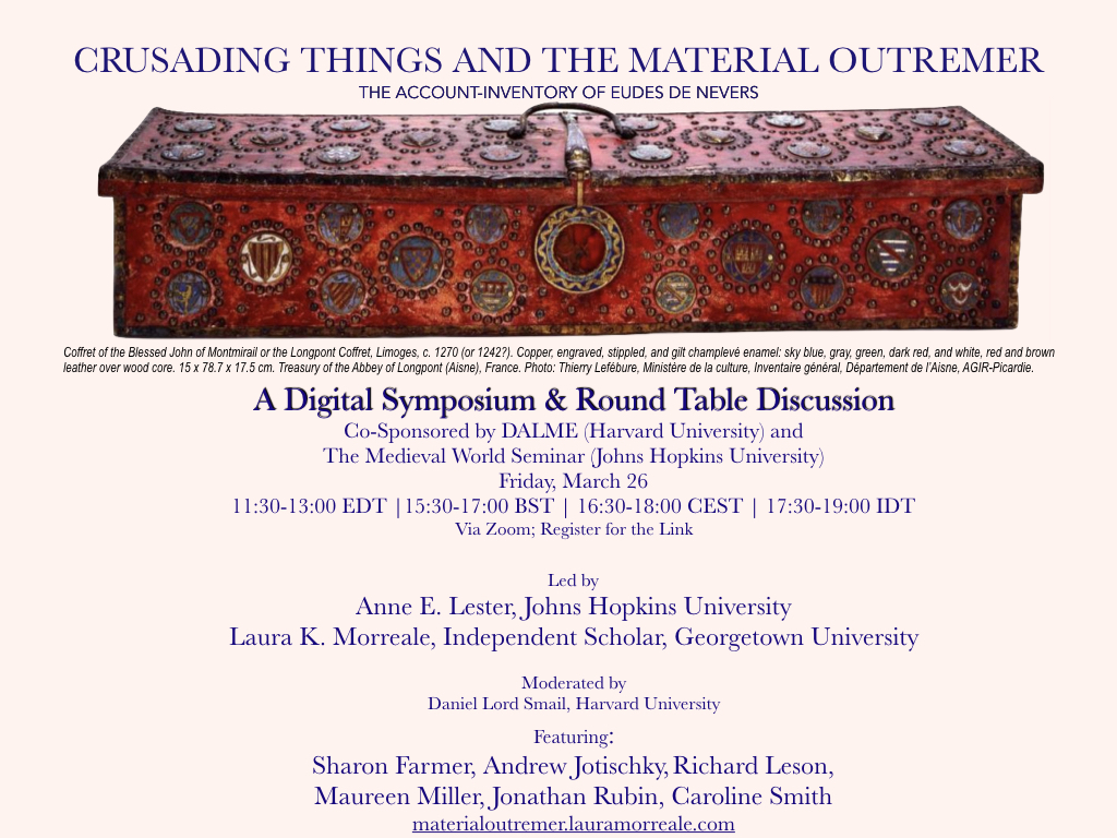 In just a few hours we'll be unpacking a crusader's baggage. Spoiler: there's a chess set and, you guessed it, beaver's testicles... Join us at 11:30am EDT: Crusader Things and the Material Outremer 
see: materialoutremer.lauramorreale.com to register
#materialoutremer