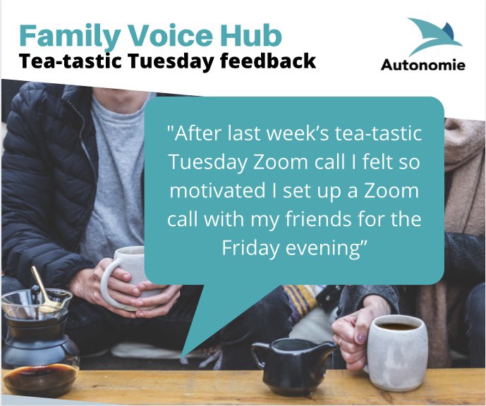 AutonomieInfo's tweet photo. Some lovely feedback from a parent who attended one of our Tea-tastic Tuesday events. Delivered online via Zoom a chance for parents raising a child with additional needed to unwind and information share. #AutonomieBelfast #CommunityFundNI https://t.co/f96fzlw2c8