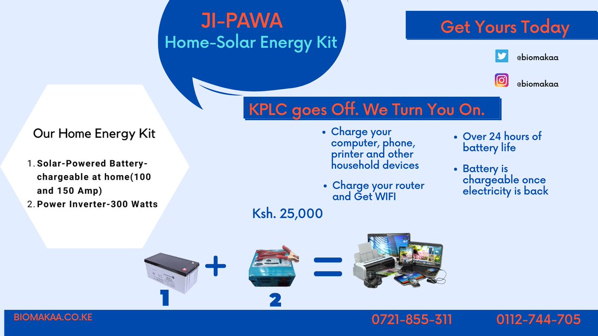 biomakaa's tweet photo. @citizentvkenya Frustrated by KPLC while working from home?
Get the Ji-Pawa Battery that you can charge normally and use when KPLC goes off.
Over 24 hours of battery life.

KPLC goes off, We Turn You On. https://t.co/kAcaCiJVEf