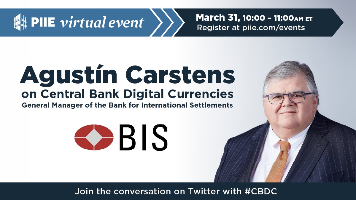 WEDNESDAY: Dr. Agustín Carstens, general manager of <a href="/BIS_org/">Bank for International Settlements</a>, speaks on next steps for central bank digital currencies (#CBDC) &amp; what they could mean for users &amp; financial institutions.
Register here: piie.zoom.us/webinar/regist…
More macroeconomic events here: piie.com/events
