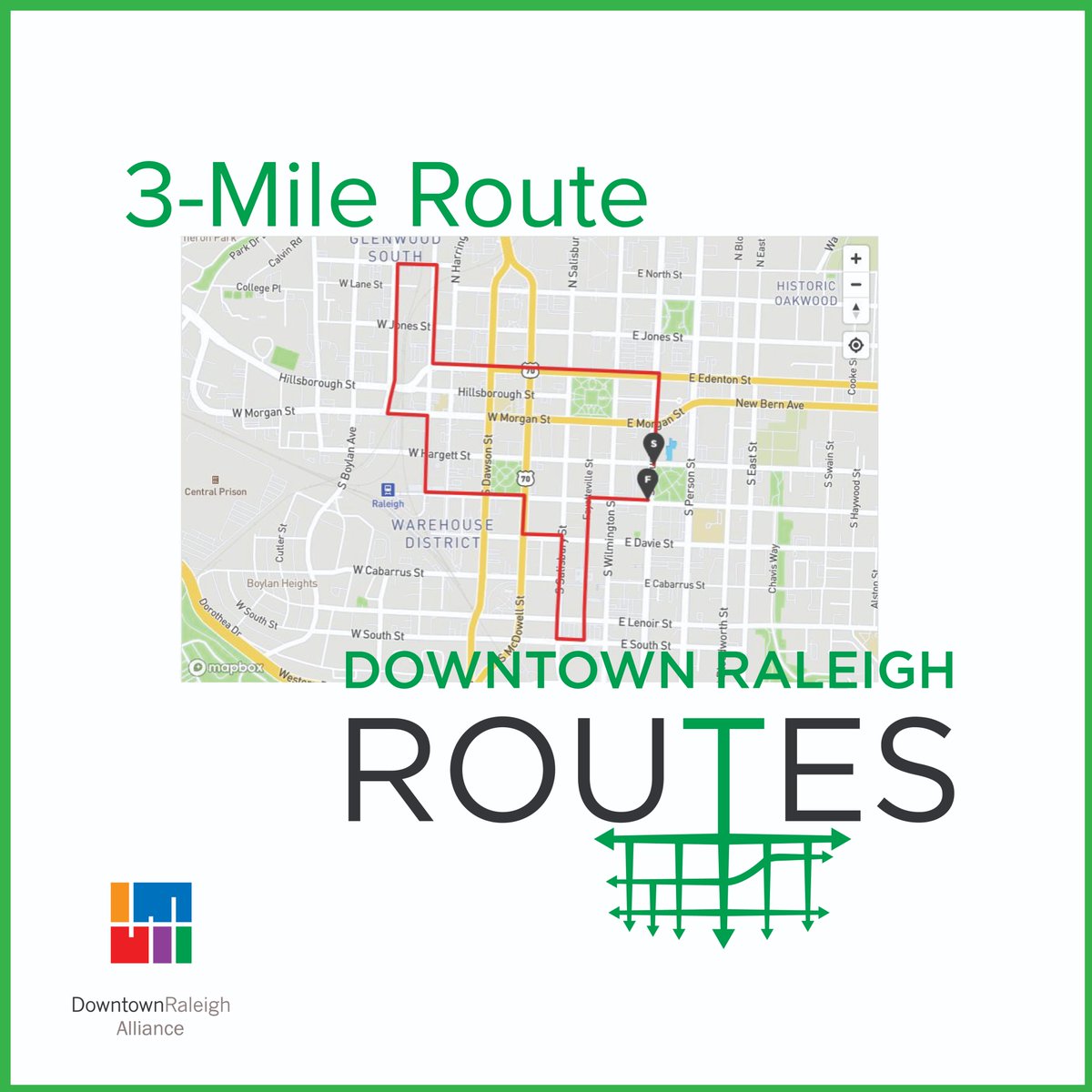 DowntownRaleigh's tweet photo. Introducing Downtown Raleigh Routes - one &amp; three mile walk/run routes that help you explore downtown and get outside! Starting 3/27, sidewalk decals will mark the routes &amp; Moore Square will be home to start-finish lines &amp; a celebratory mural. https://t.co/rqnBtBLLKD for info. https://t.co/JxljhlryEL