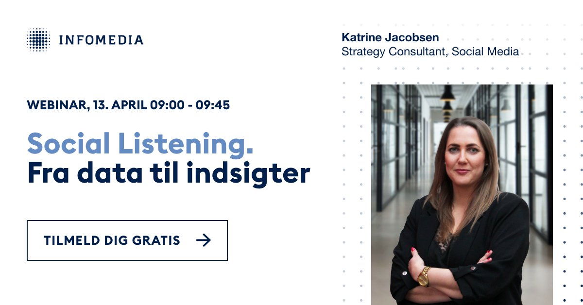 Er du nysgerrig på Social Listening, og hvordan data og indsigter kan styrke dit kommunikationsarbejde?  

Så er Infomedia's webinar med min kollega <a href="/Kajot87/">Katrine Jacobsen</a> om Social Listening noget for dig. #smdk #dk

Tilmeld dig gratis: ow.ly/Xfzl102Css1