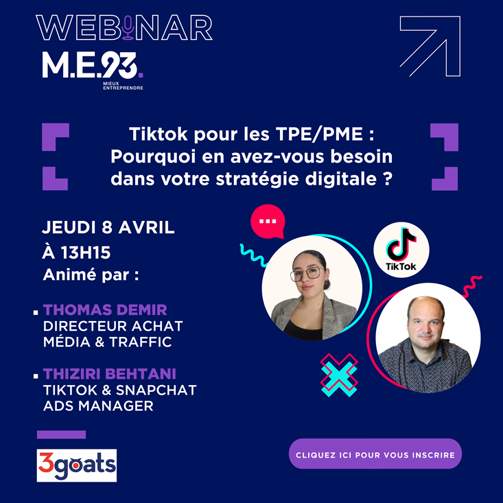 _3GOATS's tweet image. Nos 2 experts vous expliqueront en détail comment communiquer et faire de la publicité sur ce réseau social pas comme les autres, une véritable mine d’opportunités pour les TPE/PME !
#tiktok
👉 me93.fr/portfolio/webi…