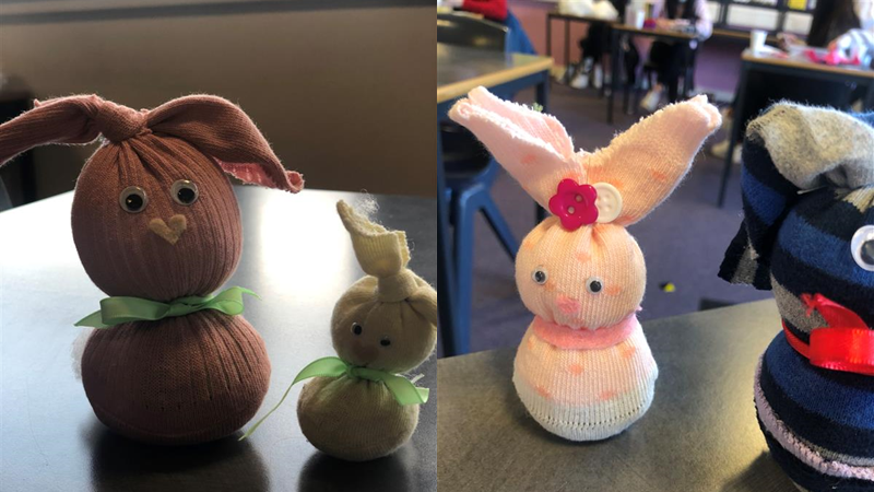 SJA_HE's tweet photo. Recycling some socks from our sock drawers with an Easter themed activity... Sock Bunnies! How cute are these!! A great activity with our childcare and S2 pupils to reconnect in school 😍🐇🥚🐣🐥 #Easter #pkclearning #fun @st_johnsacademy https://t.co/3d4AwLQIeX