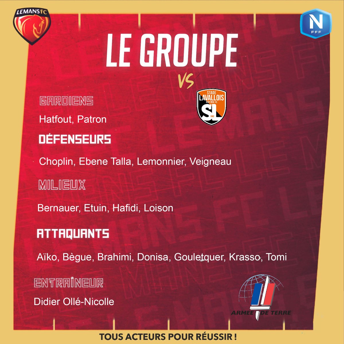 LEMANSFC's tweet photo. Le groupe manceau pour le derby à Laval demain (18h) 🔴🟡

𝗦𝗲́𝗹𝗲𝗰𝘁𝗶𝗼𝗻 : Costa, Gonçalves, Youssouf, Avounou, Coulibaly.
𝗦𝗼𝗶𝗻𝘀 : Aymes, Pascaud, Vardin, Gimbert, Gope-Fenepej.
𝗖𝗵𝗼𝗶𝘅 : Glaentzlin, Yoke.

#AllezLEMANSFC ❤💛 https://t.co/3jSe1ysSMG