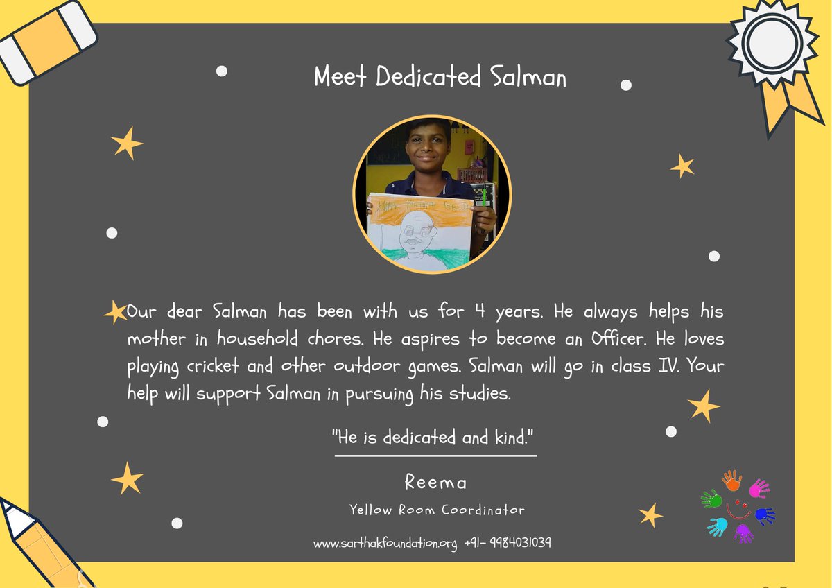 SarthakNGO's tweet photo. Dreams and aspirations get #children excited about working towards goals. This Holi let us embrace the feeling and help children progress. #colourgreen 💚
Support our little visionaries by sponsoring school education with INR 2700/ month.
#FirstGenerationLearners #Holi2021 https://t.co/dekfSdG9WZ