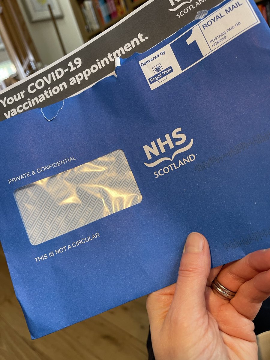 NicolaSturgeon's tweet photo. My blue envelope has arrived (it really does soften the blow of being 50!)
We’re on track to offer first doses to all over 50s, unpaid carers &amp; adults with underlying health condition by mid Apr &amp; and all adults by end Jul (supplies permitting). My thanks to our vaccination teams https://t.co/bDxjyZ9wmw