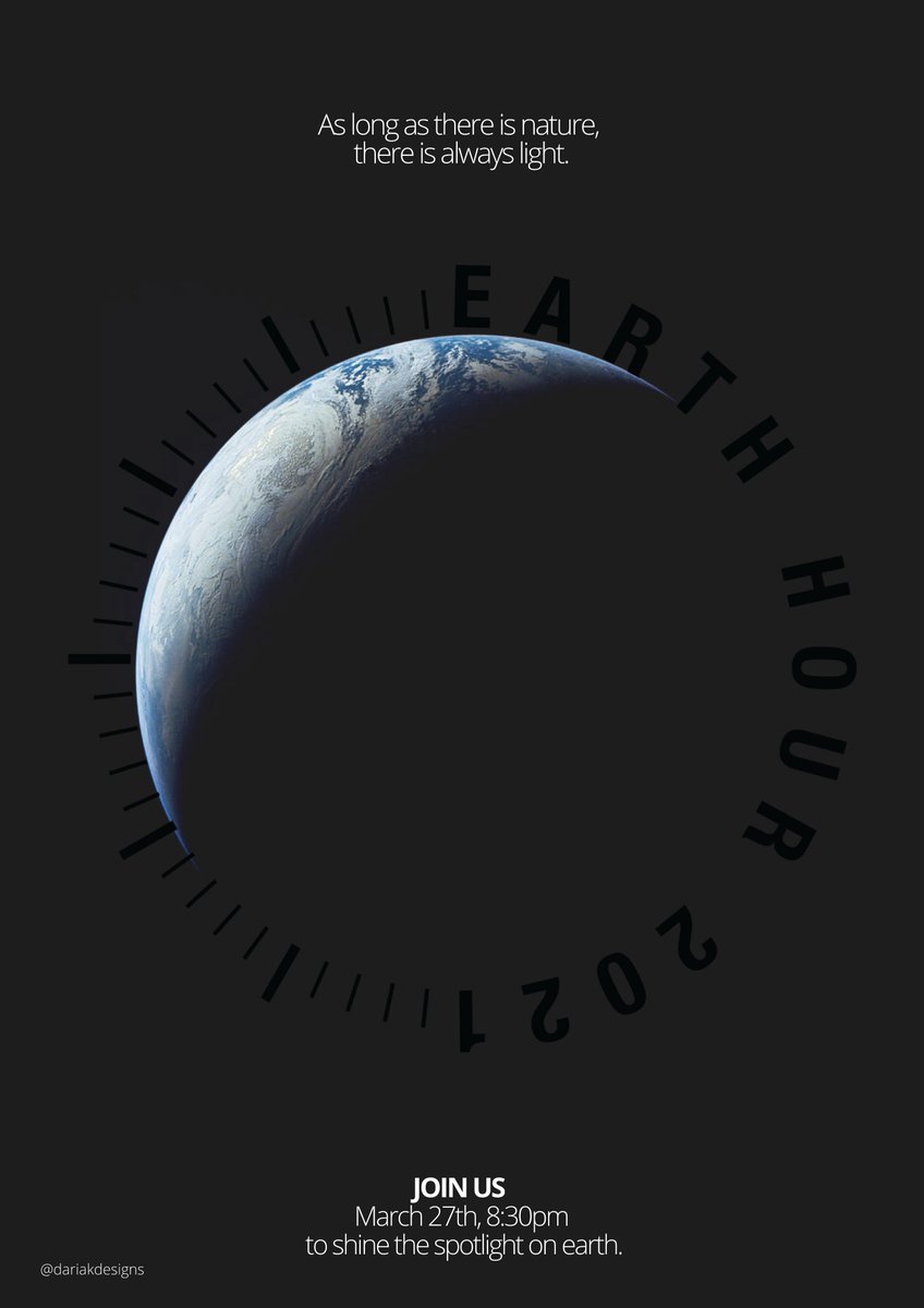 dariakdesigns's tweet photo. One Minute Brief of the Day: 
Create posters using the @EarthHour clock motif to encourage people worldwide to put the spotlight on our planet &amp; take part in #EarthHour, tomorrow at 8:30pm @OneMinuteBriefs https://t.co/0pARvb2BZk