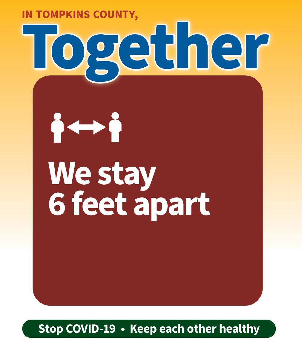 TCWholeHealth's tweet photo. In Tompkins County, Together:
We stay 6 feet apart
Stop COVID-19 * Keep each other healthy
Learn more at: https://t.co/ewQNt4Tk07
#TompkinsTogether
#Twithaca
#StayApart๐ฅ
#BeSafe https://t.co/j1p43RHQkW