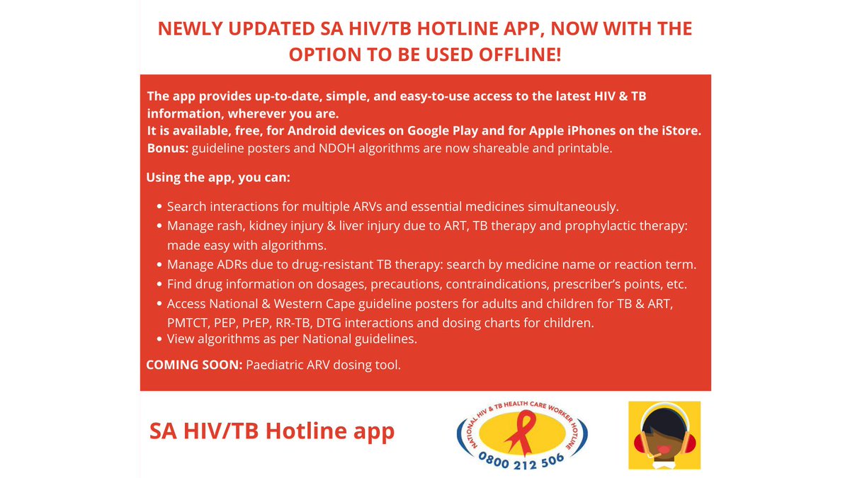 SAHIVSoc's tweet photo. Our colleagues at the National HIV & TB Health Care Worker Hotline are excited to announce the launch of their newly updated SA HIV/TB Hotline app! #healthcareworkers #hivtreatment #sahcs https://t.co/i4sU4R1fxz