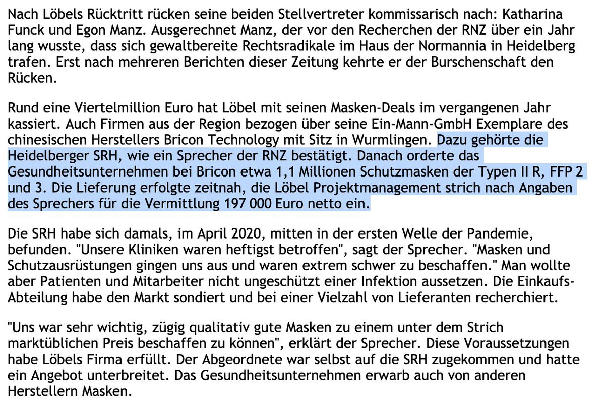 BastianBrauns's tweet photo. Zufall oder Zusammenhang? 😳🧐
Nikolas #Löbel und Mark #Hauptmann vermittelten Masken an den Klinik-Konzern SRH.
Gestern erklärt Alexander #Mitsch seinen Rückzug aus der Politik (Begründung: EU-Schuldenunion). Mitsch ist "Direktor Finanzen SRH Holding". #maskenaffaere https://t.co/VnDTMcU8oQ