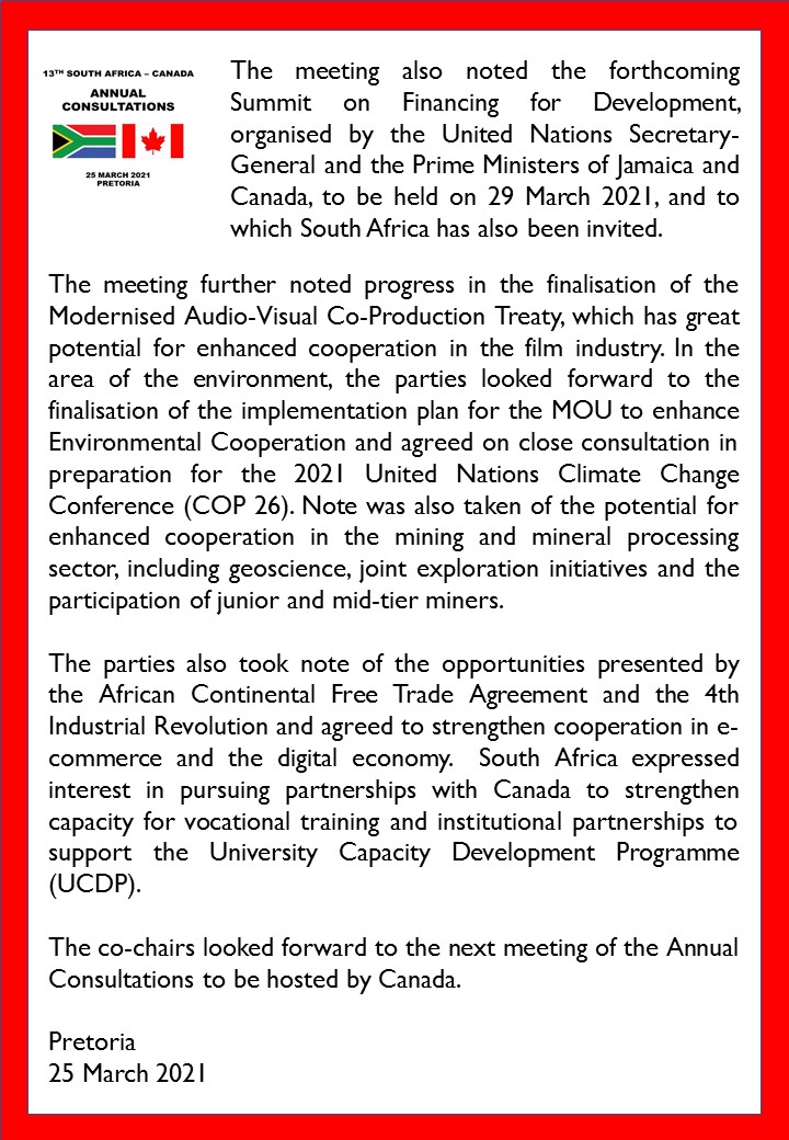 DIRCO_ZA's tweet photo. STATEMENT | The 13th South Africa-Canada Annual Consultations. 25 March 2021.

#DIRCO
#SACanadaRelations
#CanadaInSA

@CanHCZA @UbuntuRadioZA @SouthAfricanHC https://t.co/z8bUdXhkSz