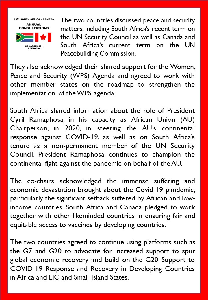 DIRCO_ZA's tweet photo. STATEMENT | The 13th South Africa-Canada Annual Consultations. 25 March 2021.

#DIRCO
#SACanadaRelations
#CanadaInSA

@CanHCZA @UbuntuRadioZA @SouthAfricanHC https://t.co/z8bUdXhkSz