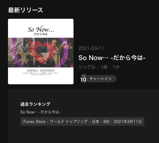 samuraiapart's tweet photo. さすがです！
バタバタして出したの忘れてたw 
3.11世界同時配信です。

https://t.co/YzZTCBXTyc
そしてなんと！過去最高位8位チャートインを果たしました！
侍荘の住人のおかげです。
嬉しい！ https://t.co/DARLuUw33g