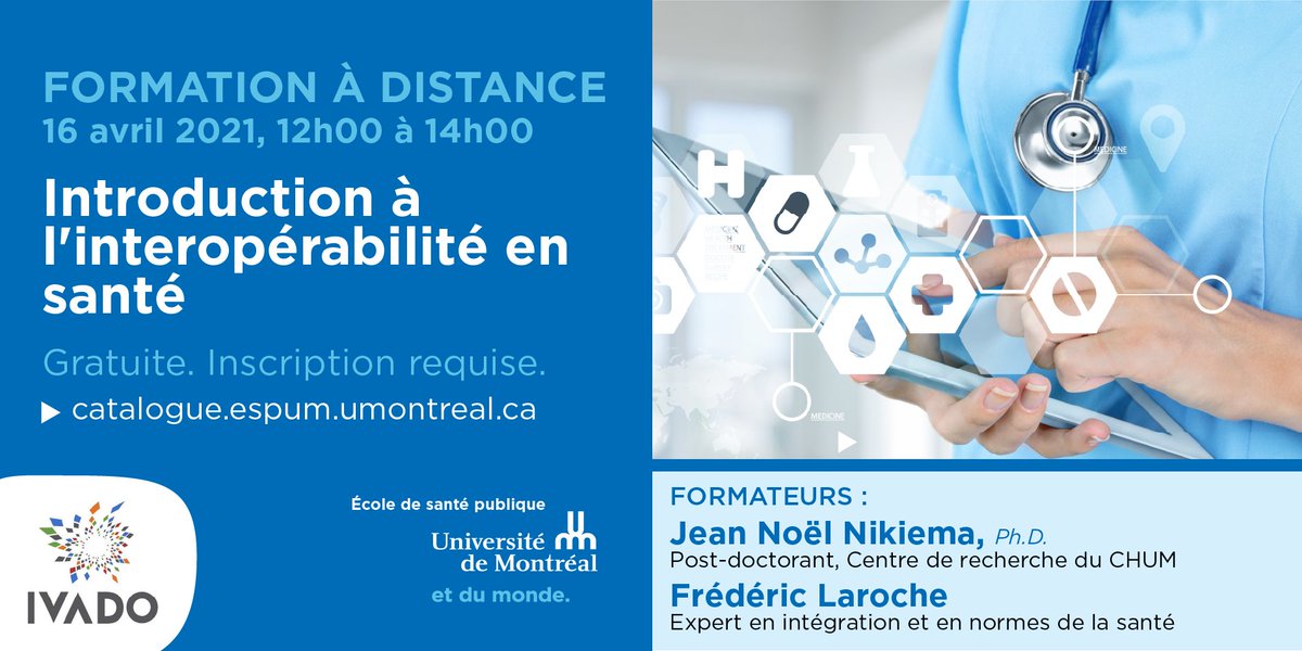 lduchastel's tweet photo. Formation à distance: Introduction à l'interopérabilité en santé
16 avril 2021, 12h à 14h
Gratuit.
Inscription : https://t.co/edII8LCZ2I
#espum #ivado #santénumérique https://t.co/owahF8YKG4