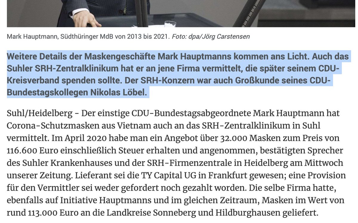 Zufall oder Zusammenhang? 😳🧐
Nikolas #Löbel und Mark #Hauptmann vermittelten Masken an den Klinik-Konzern SRH.
Gestern erklärt Alexander #Mitsch seinen Rückzug aus der Politik (Begründung: EU-Schuldenunion). Mitsch ist "Direktor Finanzen SRH Holding". #maskenaffaere