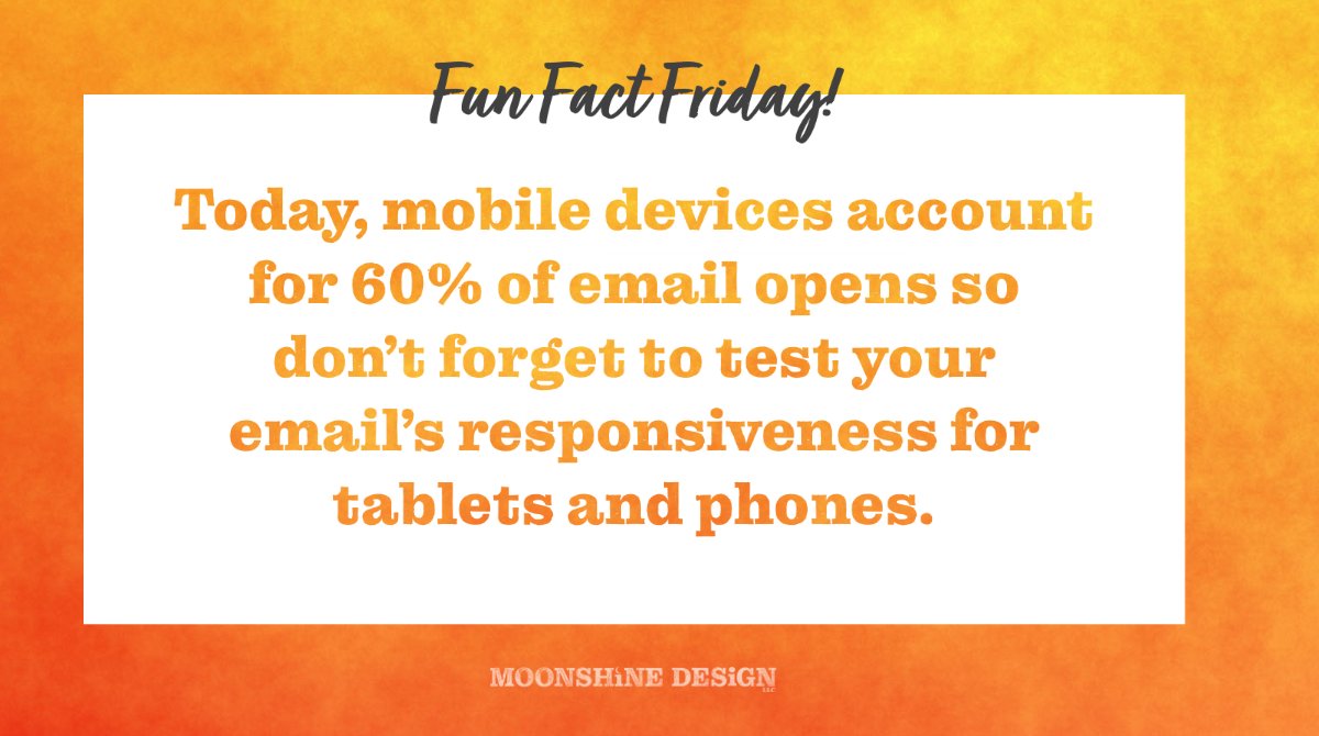 sarahspoelstra's tweet photo. Fun Fact Friday: Today, mobile devices account for 60% of email opens so donโt forget to test your emailโs responsiveness for tablets and phones.
#emailmarketing
#emailstats
#emaildesign
#moonshinedesign
#funfactfriday
#hubspotdesigners https://t.co/ef4US6HgSs