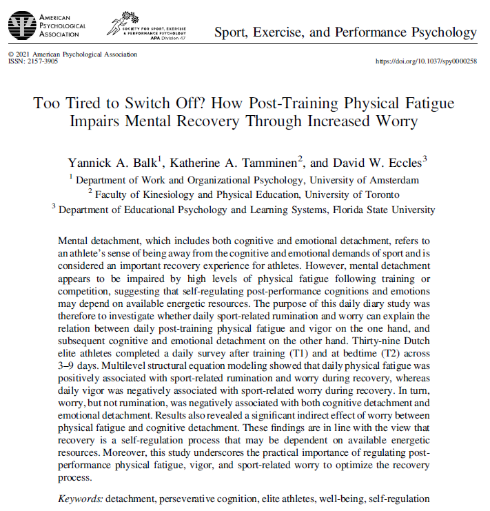 DavidWEccles's tweet photo. Plainly put: How feeling physically beasted as an athlete can make it hard to mentally switch off

Great to see this paper online first - @yannickbalk23 @KA_Tamminen @fsueducation 

Email deccles@fsu.edu for a copy https://t.co/8tj0Ul1IyY